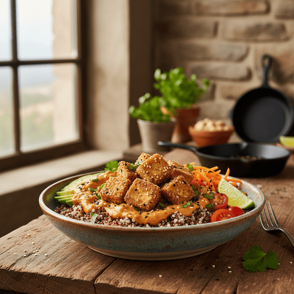 Bowl vegano de quinoa con tofu crujiente y salsa miso
