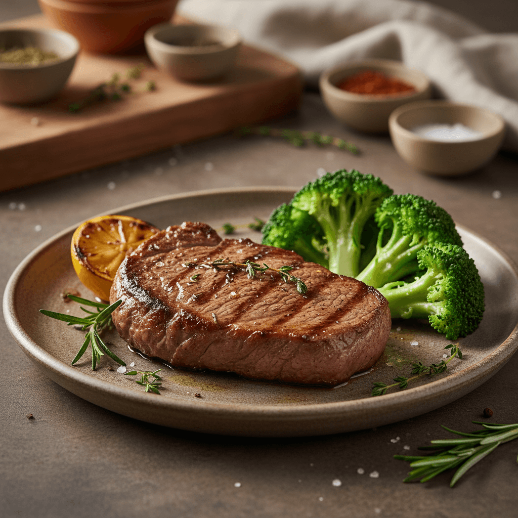 Delicioso Filete asado a la plancha con brócoli crujiente