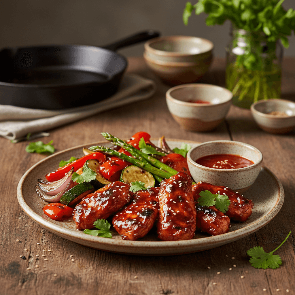 Pollo Korean BBQ con Verduras Asadas y Salsa Picante