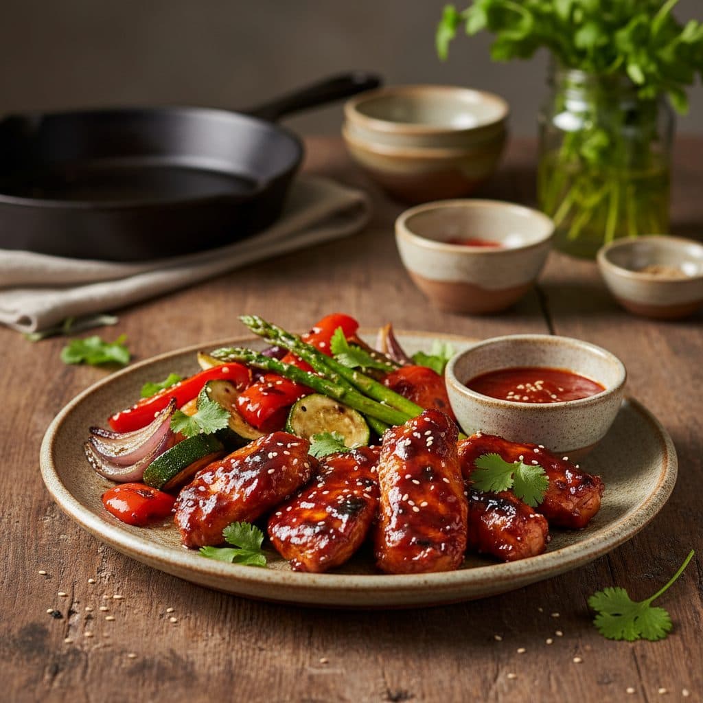 Pollo Korean BBQ con Verduras Asadas y Salsa Picante