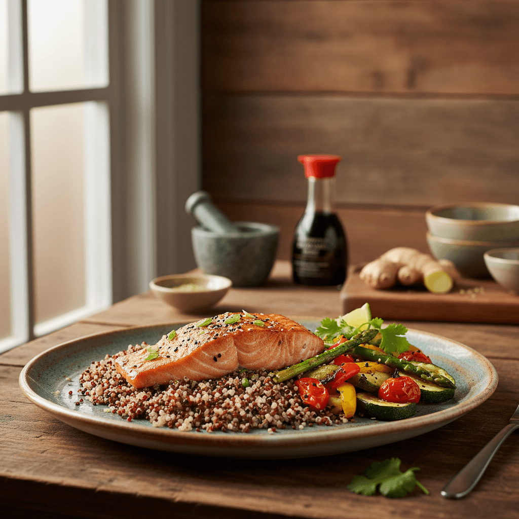 Salmón al Miso con Quinoa Tricolor y Verduras al Vapor